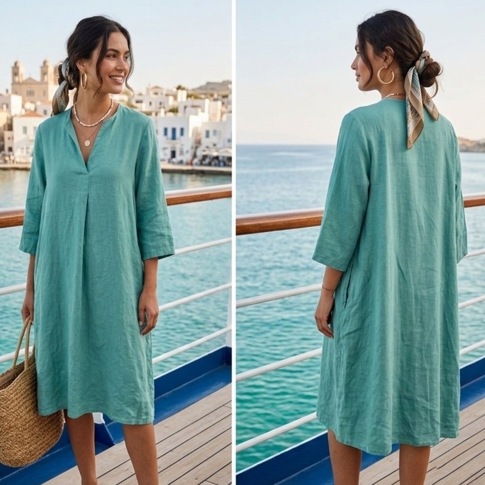 Mix And Match Egypt 100% Egyptian Linen Split Neck Tunic Dress Seafoam Green S/M